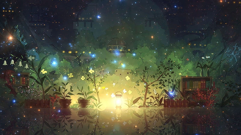 fantasy landscape, park, flowers, stars, glare, light, Fantasy, HD wallpaper