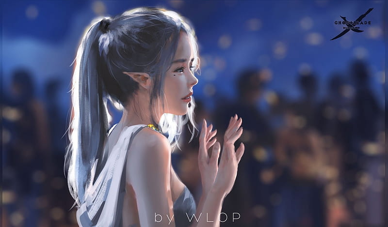 Elf girl, art, wlop, fantasy, luminos, girl, elf, hand, ghostblade, HD wallpaper