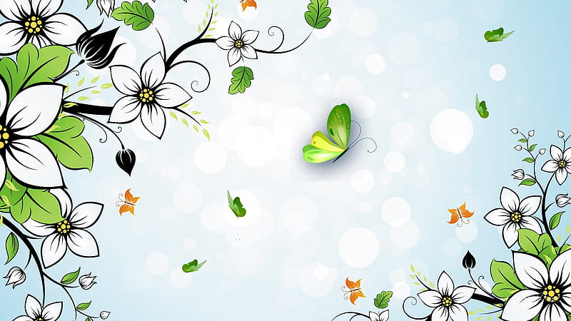 Summer Flowers and Butterflies, leaves, summer, flowers, vines, butterflies, buds, HD wallpaper