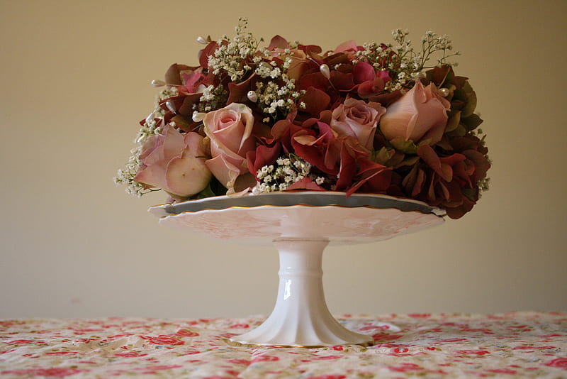 still life, flowers, vintage, cake stand, HD wallpaper