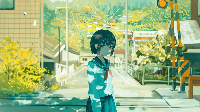 anime school girl, uniform, short hair, railway, Anime, HD wallpaper
