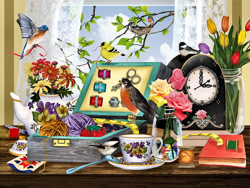 Sewing Kit and Teacup - Birds F, robin, bonito, illustration, artwork, bluebird, animal, chickadee, painting, wide screen, flowers, tulips, art, clock, roses, bird, avian, wildlife, nature, goldfinch, HD wallpaper