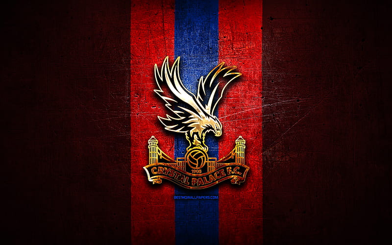 Crystal Palace FC, golden logo, Premier League, red metal background, football, Crystal Palace, english football club, Crystal Palace logo, soccer, England, HD wallpaper