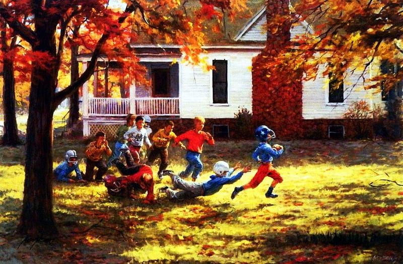Fall Football, playing, autumn, tree, house, leaves, painting, artwork, kids, HD wallpaper