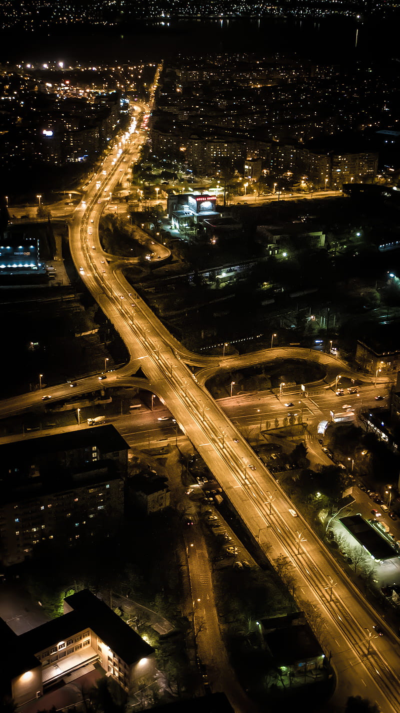 Bucharest Night, aerial, awesome, bonito, bridge, bucharest, bucuresti, city, drone, lights, romania, HD phone wallpaper