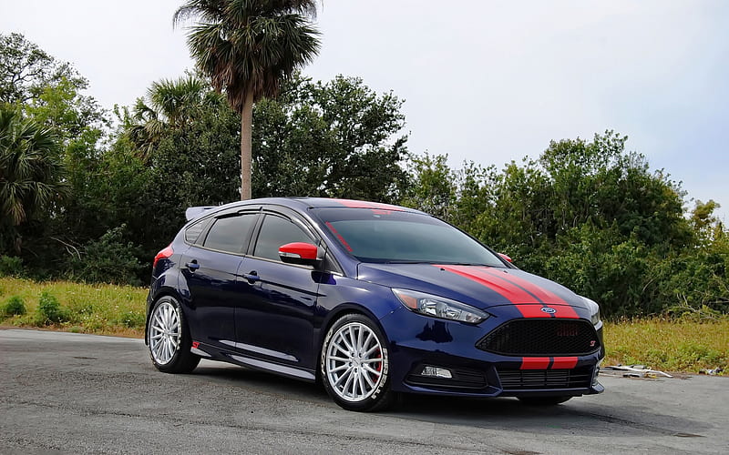 Ford Focus, blue hatchback, tuning Focus, front view, exterior, american cars, Ford, HD wallpaper