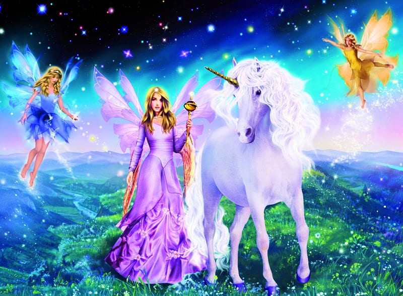 Magical Unicorn, stars, fairies, horse, artwork, landscape, HD wallpaper