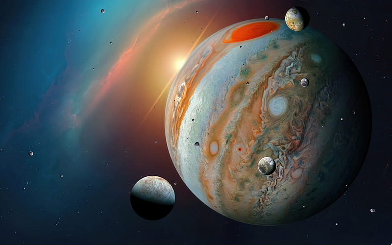Jupiter Moons Space , jupiter, planet, digital-universe, artist, artwork, digital-art, HD wallpaper