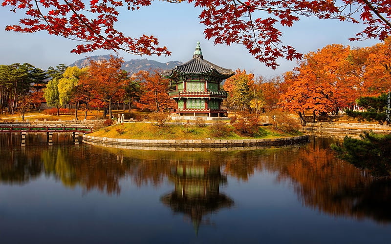 Park in Seoul, autumn, pavilion, Seoul, park, pond, HD wallpaper