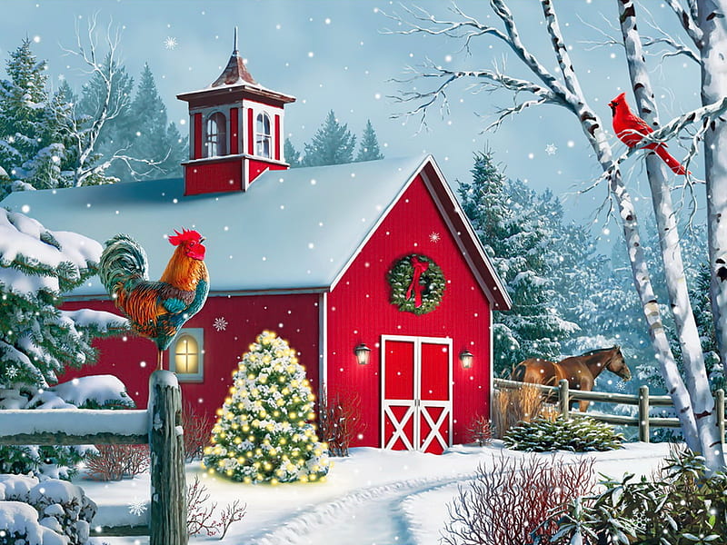 Winter barn, art, christmas, snow, bonito, barn, winter, cold, cardinal, HD wallpaper