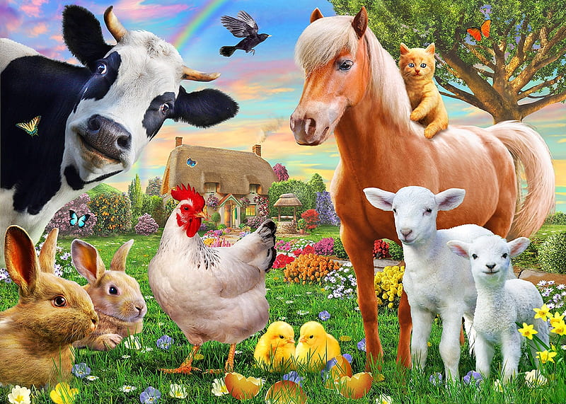 Farm animals, adrian chesterman, lamb, horse, cow, rabbit, chicken, cat, sheep, fantasy, funny, bunny, pisici, HD wallpaper