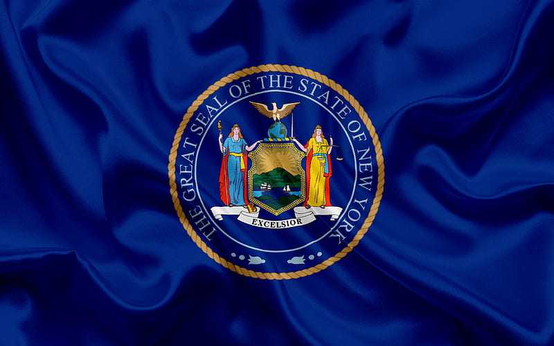 New York State Flag, flags of States, flag State of New York, USA, state New New York, blue silk flag, New York coat of arms, HD wallpaper