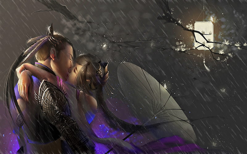 Paper Lantern and Fairies, lantern, umbrella, magic, lovers, fantasy, eastern, love, rain, fairy, HD wallpaper