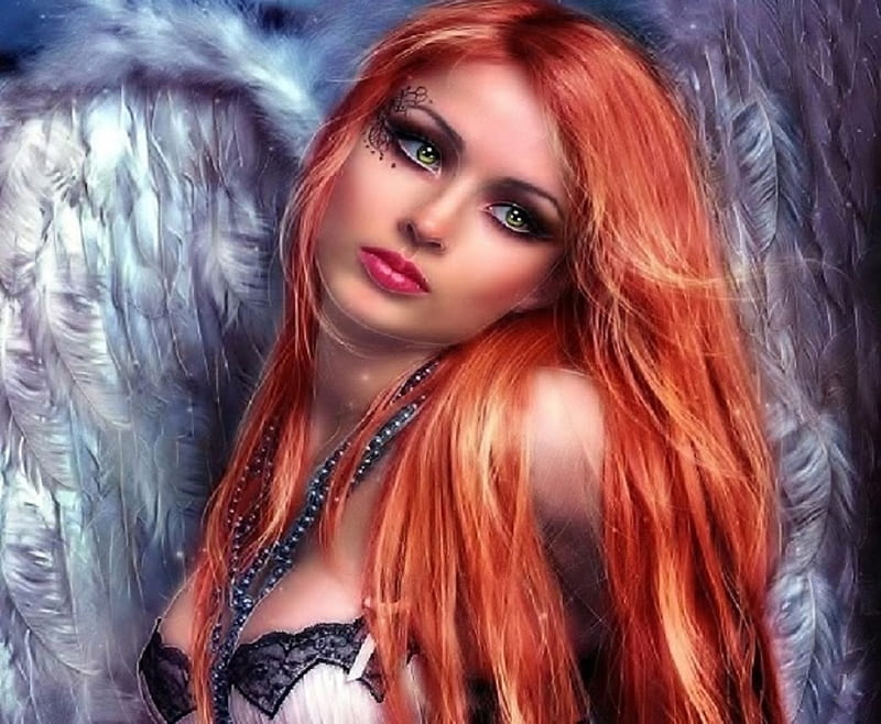 Heavenly Angel, fantasy, wings, alluring, angel, bonito, red hair, eyes, HD wallpaper