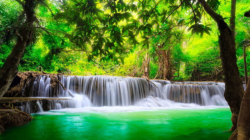 Beautiful Background Green River Waterfall In Kanchanaburi Thailand Nature, HD wallpaper