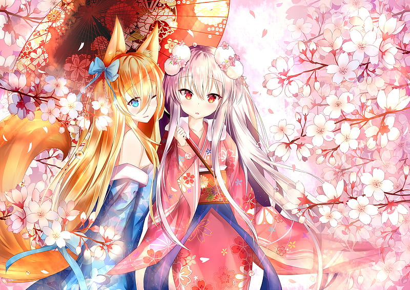 Girls, sakura, orange, ears, manga, kimono, blossom, girl, fox, anime, flower, pink, HD wallpaper