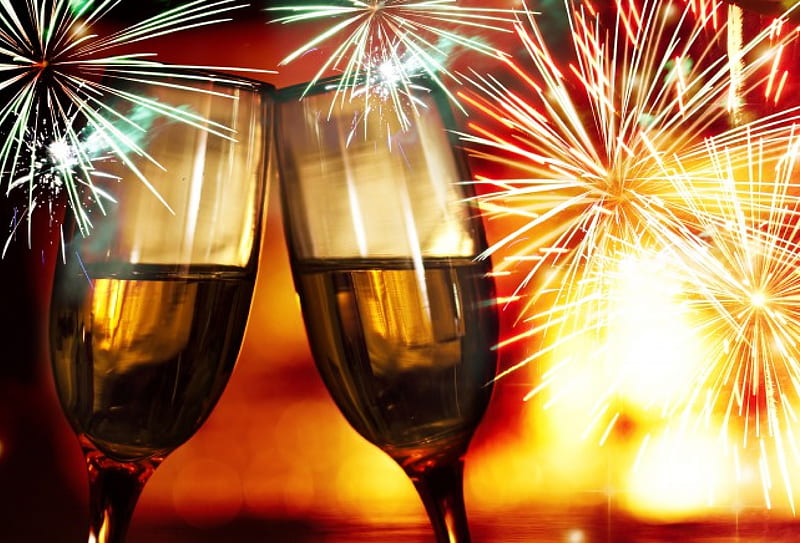 New Year, champagne, wine glasses, fireworks, HD wallpaper