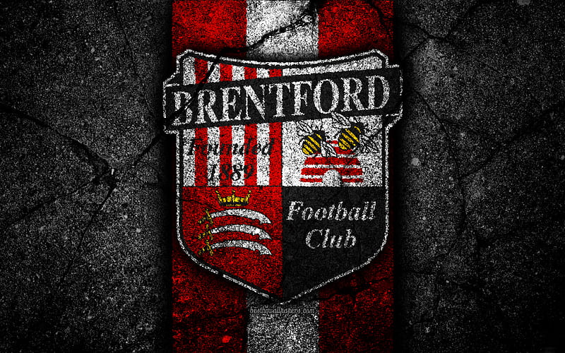 Brentford FC, logo, EFL Championship, black stone, football club, England, Brentford, soccer, emblem, asphalt texture, FC Brentford, HD wallpaper