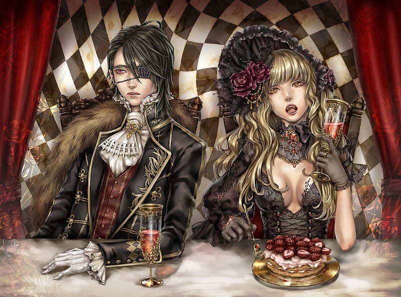 Vampire dessert, cake, red, eyepatch, vampire, roses, HD wallpaper