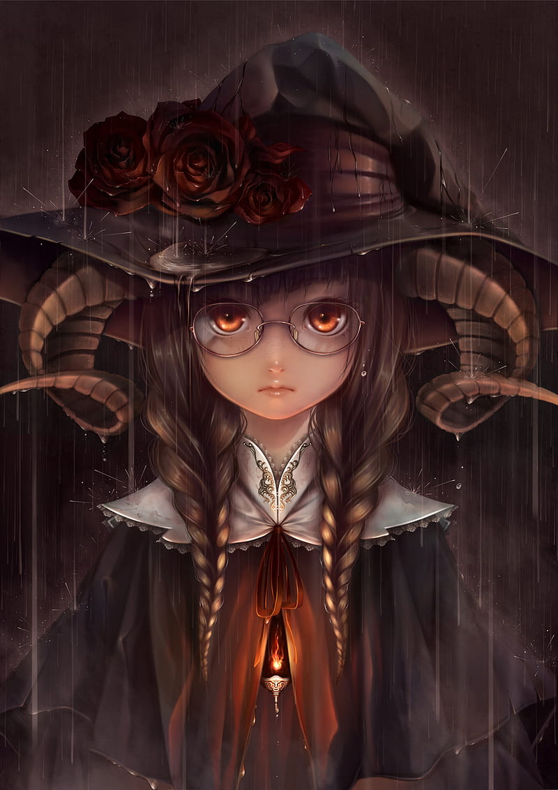 anime girls, fantasy art, Bouno Satoshi, witch, witch hat, horns, glasses, brown eyes, brunette, braids, rain, HD phone wallpaper