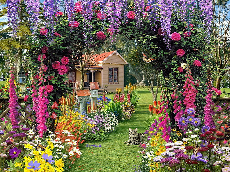 Flower Garden With Cottage, English Flower Garden, HD wallpaper