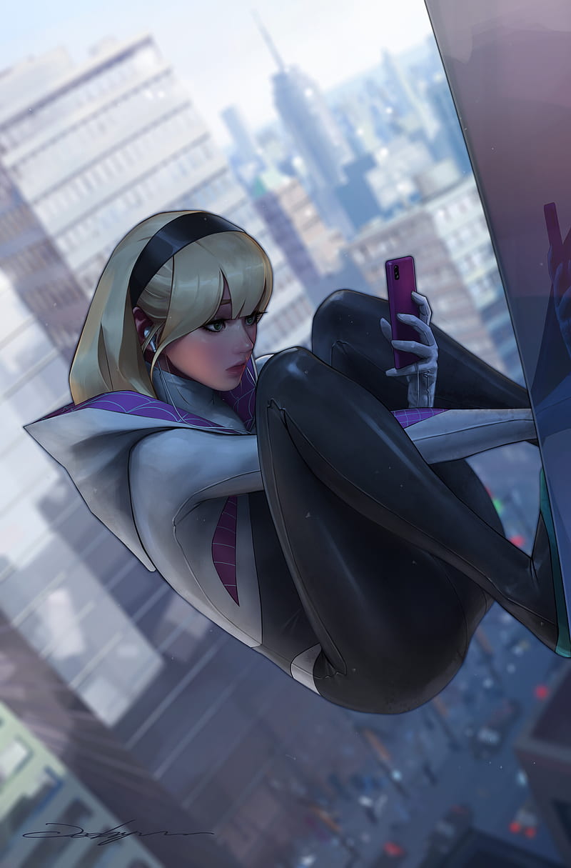 artwork, Spider Gwen, digital art, Marvel Comics, fan art, headphones, blond hair, Spider-Gwen, Gwen Stacy, green eyes, iPhone, digital painting, blonde, city, phone, portrait display, ArtStation, Jee Hyung Lee, superheroines, smartphone, HD phone wallpaper