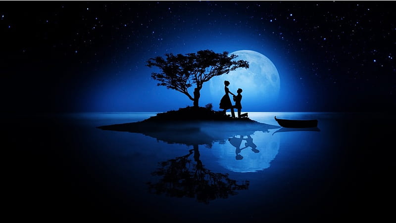 Love Couple Silhouettes Moon, HD wallpaper