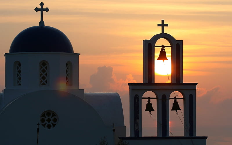 Church Bells in Santorini, Greece, Greece, sunshine, church, bells, Santorini, HD wallpaper
