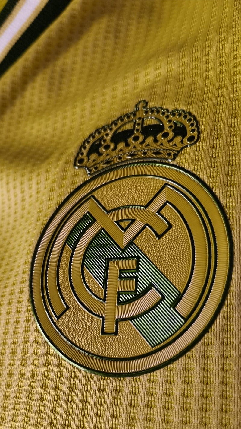 Real Madrid, fc, football, logo, shirt, soccer, spain, yellow, HD phone wallpaper