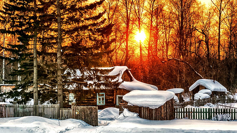 Log Cabin Sunset, forest, hut, snow, nature, sunset, cabin, trees, winter, HD wallpaper