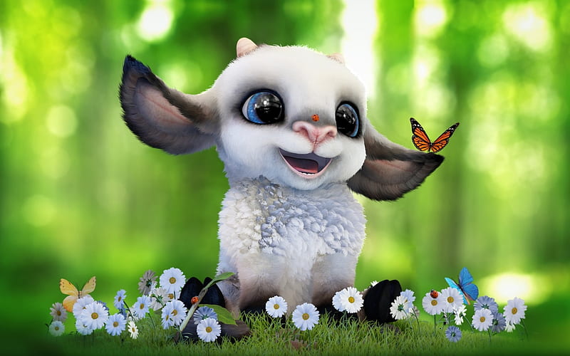 Cute lamb, luminos, alina makarenko, spring, cute, sheep, fantasy, butterfly, green, flower, lamb, child, white, daisy, HD wallpaper