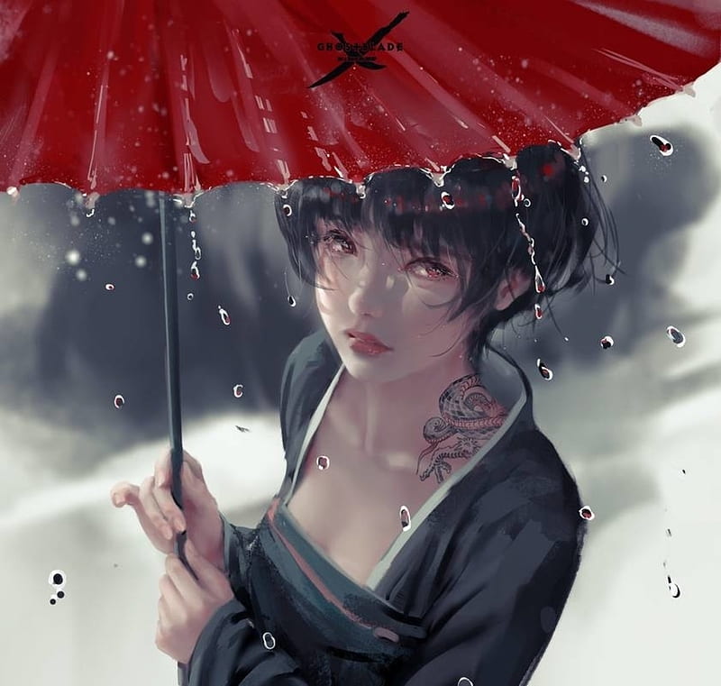 :-), art, wlop, red, fantasy, frumusete, girl, umbrella, rain, luminos, HD wallpaper