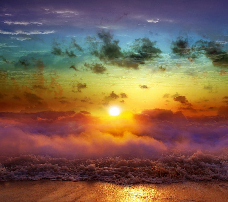 SUNSET, cloud, col, color, rainbow, sand, sea, sun, water, wave, HD wallpaper