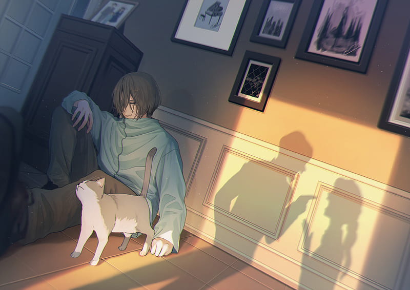 Anime, Boy, Cat, HD wallpaper