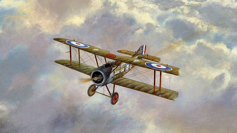 British Fighter Sopwith Pup 1, art, fighter, flight, bonito, British, clouds, artwork, painting, wide screen, military, biplane, scenery, aviation, HD wallpaper
