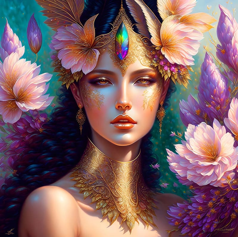 Queen Flora, pretty, fantasy, fantastic, face, flowers, regal, woman ...