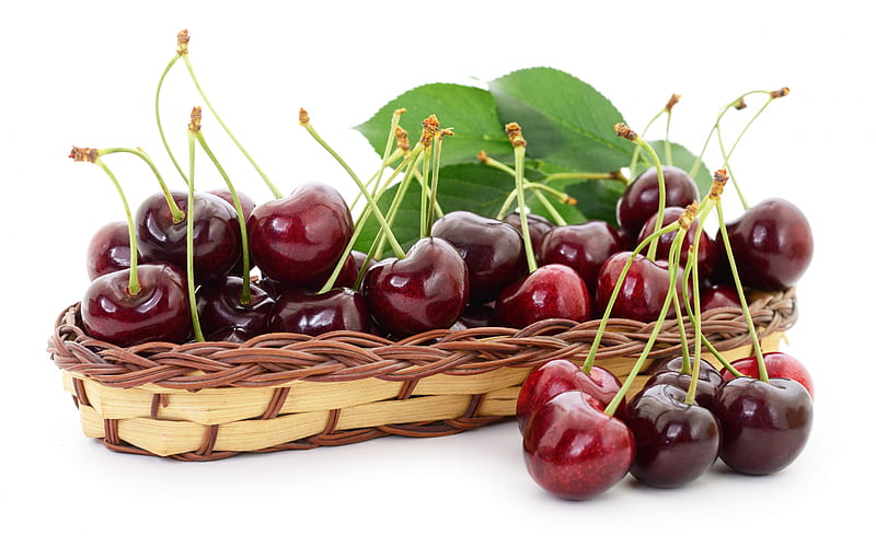 cherries, ripe berries, cherries on a white background, cherries on plates, HD wallpaper