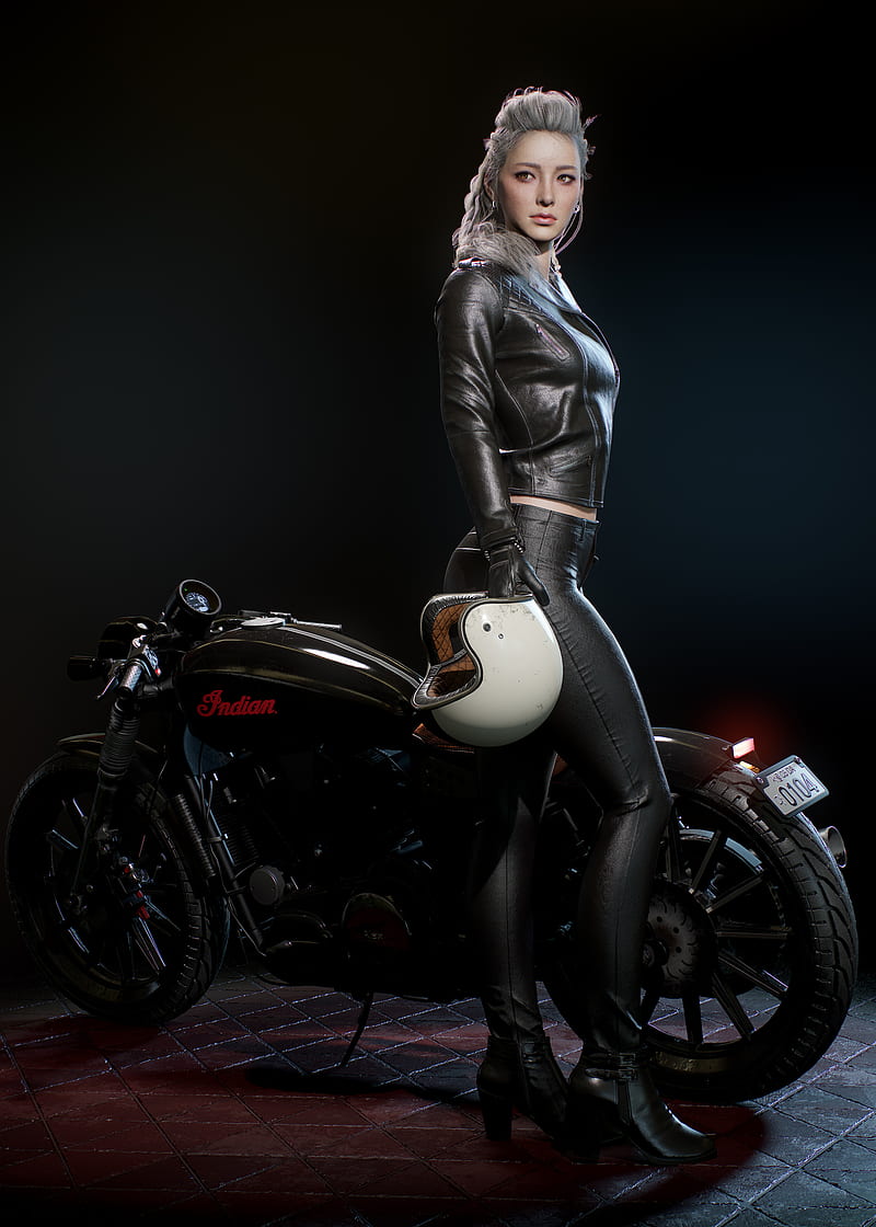 Seungmin Kim, 3D, CGI, digital art, render, women, bikes, biker, jacket, helmet, HD phone wallpaper
