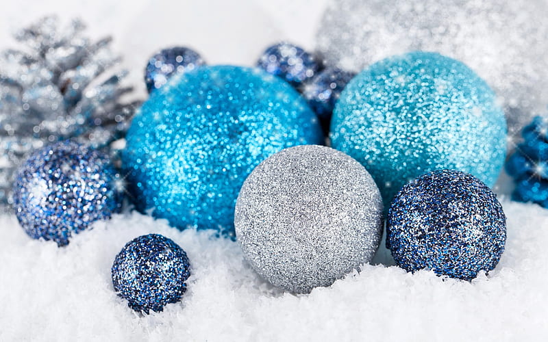 Blue Christmas balls, winter, New Year, Blue Christmas background, silver balls, decoration, background for postcard, HD wallpaper