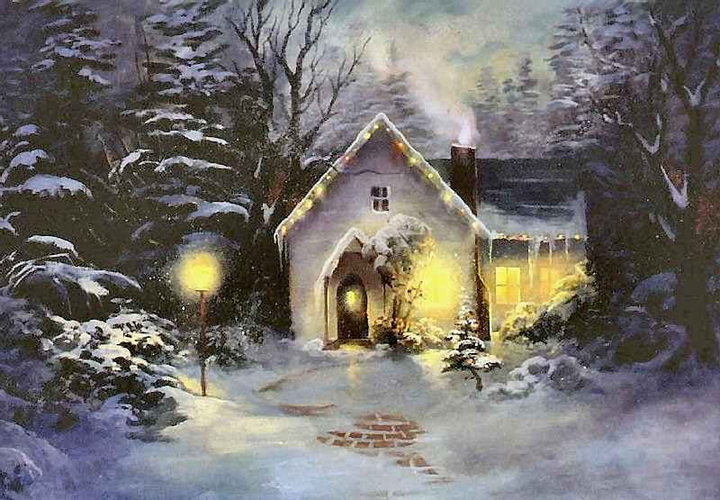 Inviting, snow, cottage, ice, trees, lights, brick path, winter, HD wallpaper