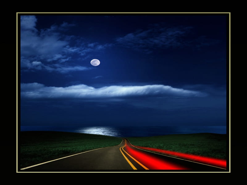 MAGICAL NIGHT, moon, ocean, magical, road, clouds, sky, night, HD wallpaper