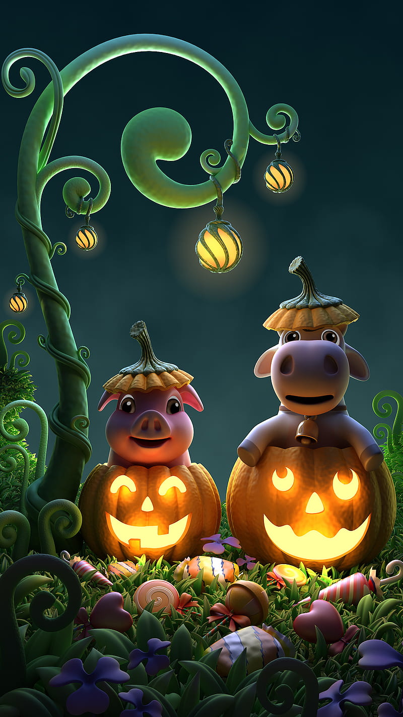 Happy Halloween, cow, pig, pumpkins, HD phone wallpaper