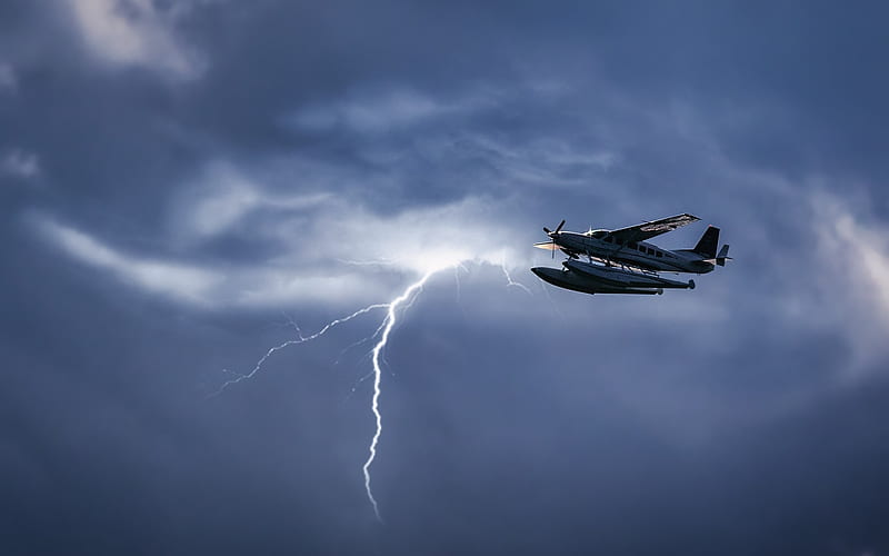 Seaplane and Lightning, dusk, seaplane, sky, lightning, HD wallpaper