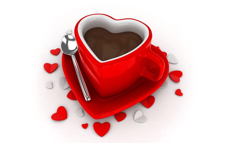 Happy Valentine's Day!, red, coffee, spoon, heart, cup, valentine, white, card, HD wallpaper