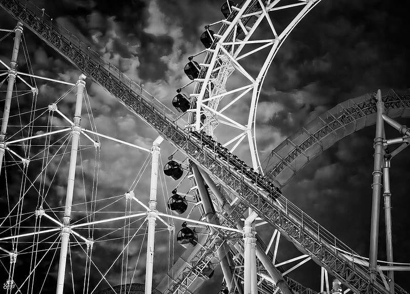 ferris wheel, cabins, roller coaster, attractions, bw, HD wallpaper