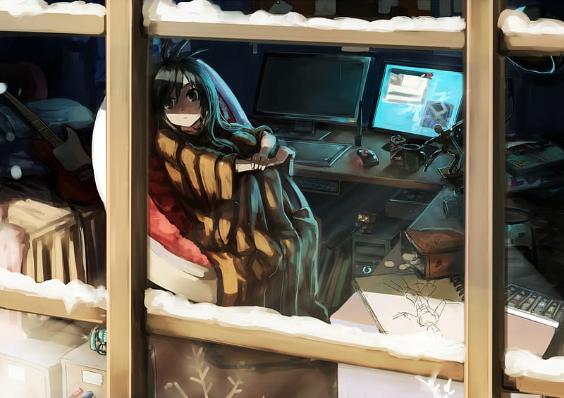 Looking out from the Window, art, lovely, window, blanket, cold, coverd, anime, computer, anime girl, HD wallpaper