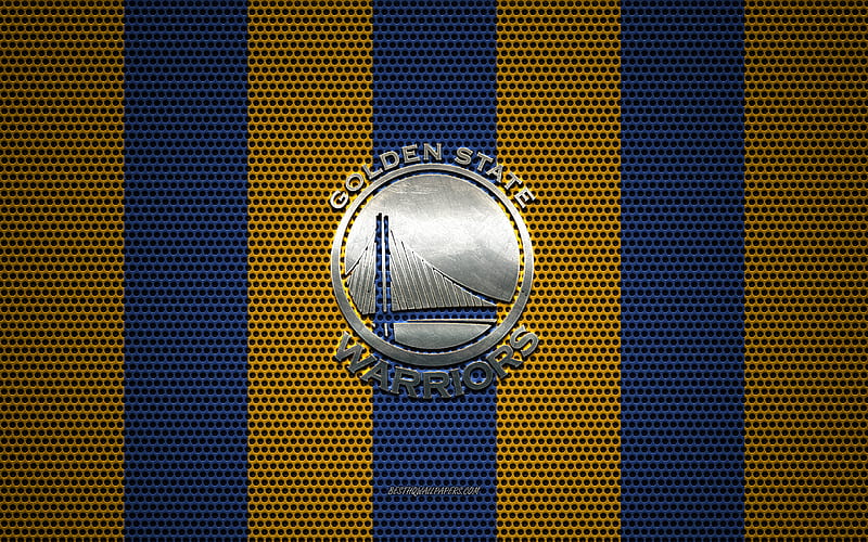 Golden State Warriors logo, American basketball club, metal emblem, yellow-blue metal mesh background, Golden State Warriors, NBA, San Francisco, California, USA, basketball, HD wallpaper