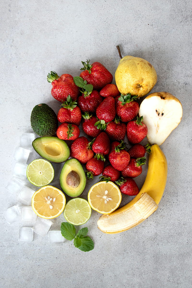 fruits, strawberries, avocado, pear, banana, lemon, ice, HD phone wallpaper