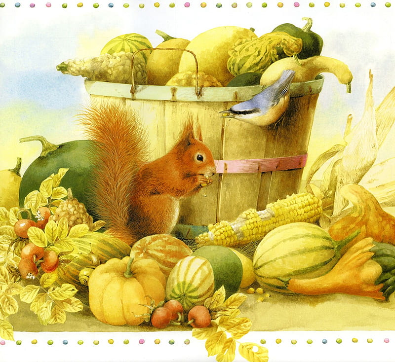art, veverita, autumn, squirrel, yellow, bucket, fruit, bird, painting, marjolein bastin, HD wallpaper