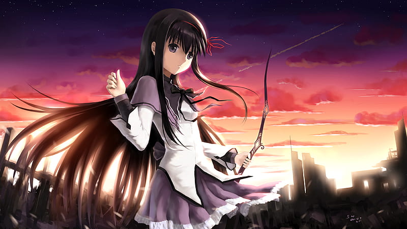 Akemi Homura, female, skirt, sunset, daytime, girl, uniform, anime ...